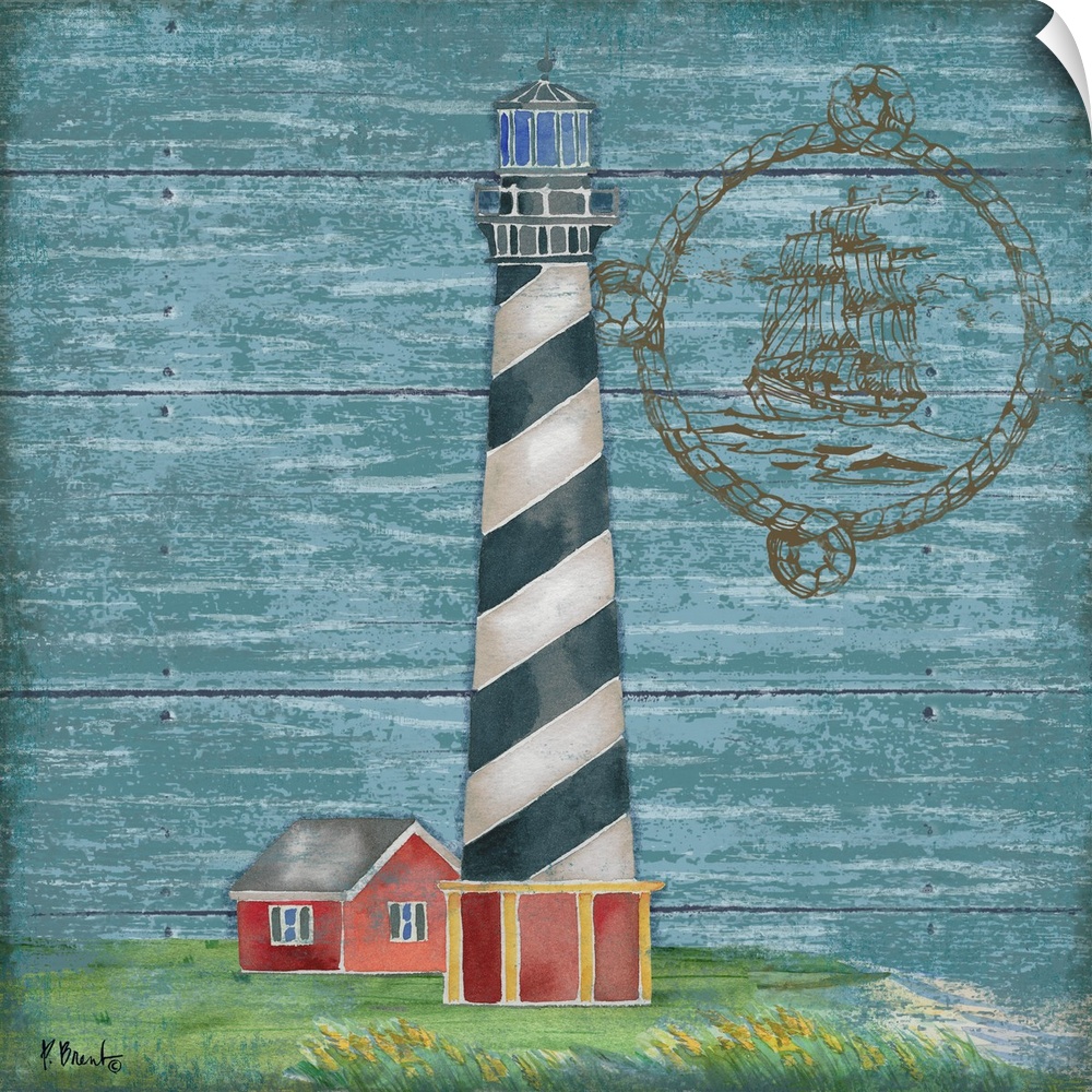 Painting of a black and white striped lighthouse on a light blue wooden background.