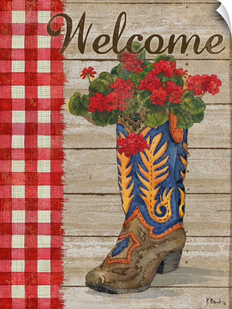Western style decor with a cowboy boot filled with small red flowers on a wood background with a red and white checkered p...
