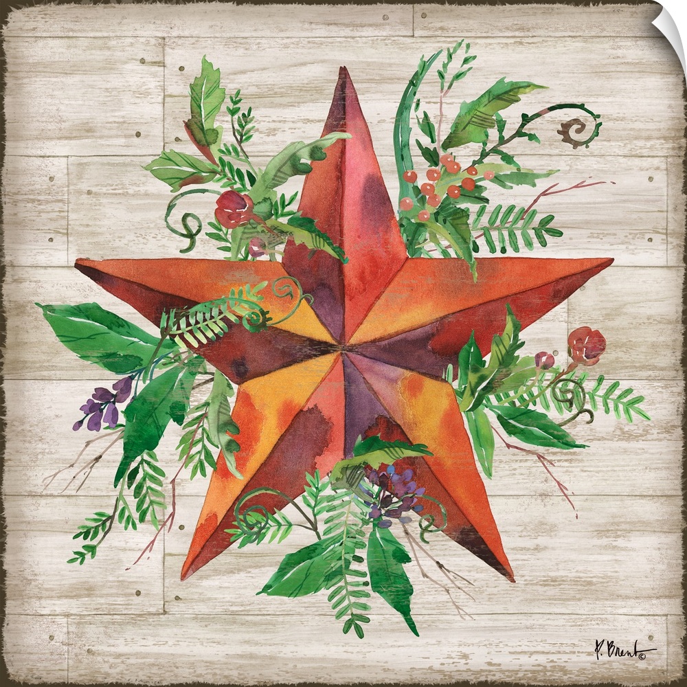 Square decor with a red barn star surrounded with green leaves, red berries, and purple flowers on a faux wood background.