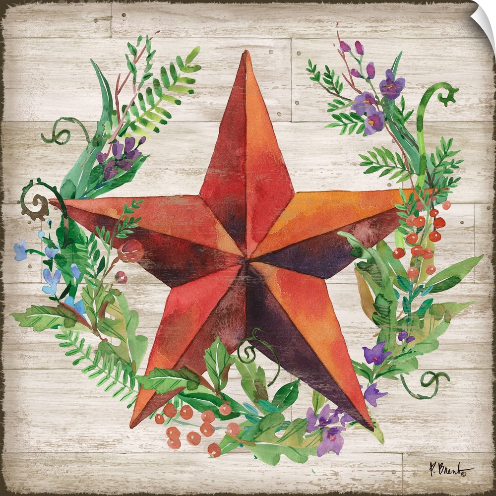 Square decor with a red barn star resting inside a wreath made with greenery and flowers on a faux wood background.