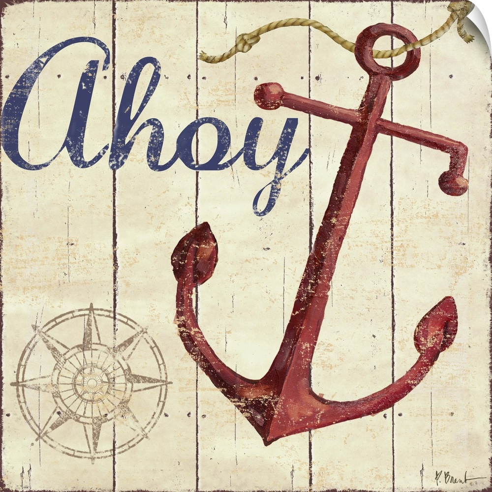 Painted nautical sign on wood panels with a compass rose, an anchor, and the word Ahoy.