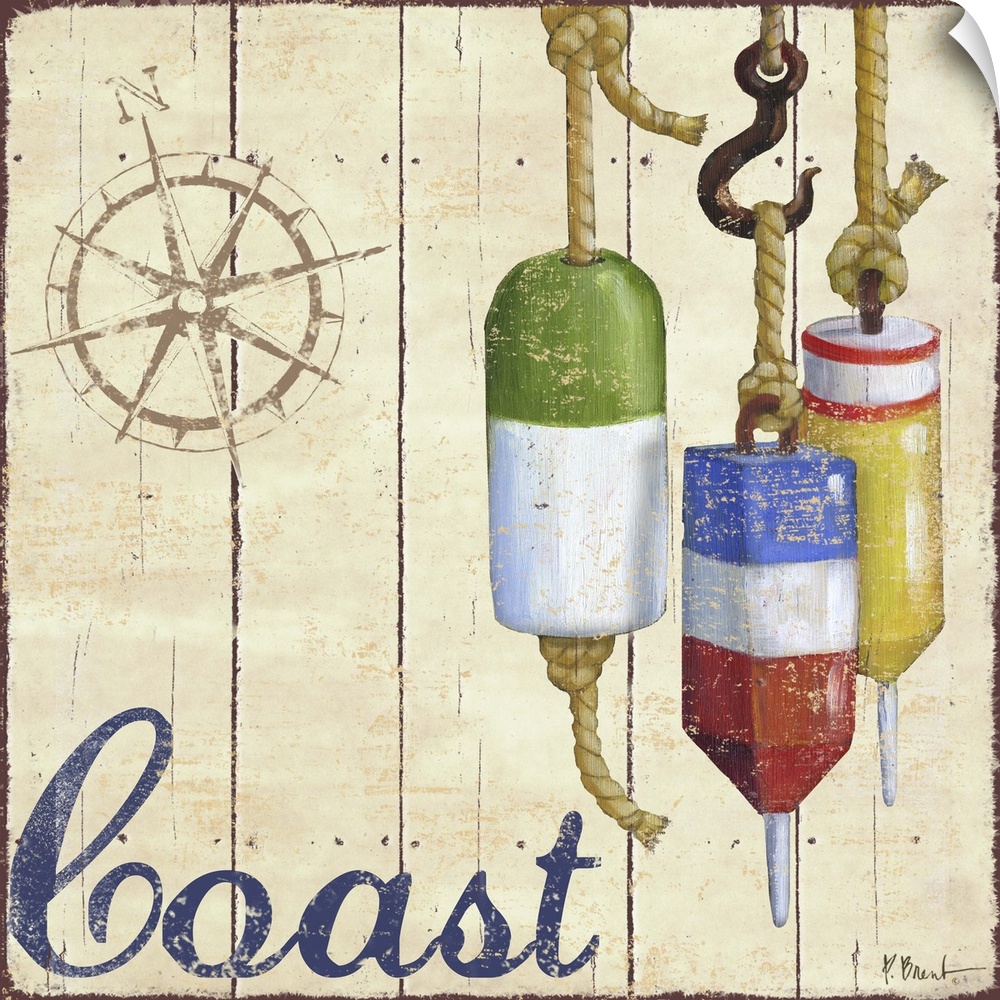 Painted nautical sign on wood panels with a compass rose, buoys, and the word Coast.