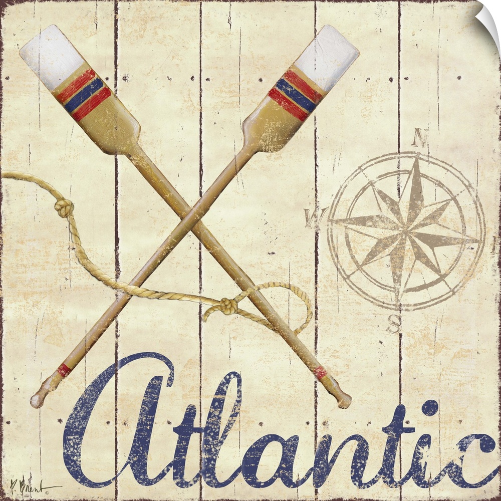 Painted nautical sign on wood panels with a compass rose, oars, and the word Atlantic.