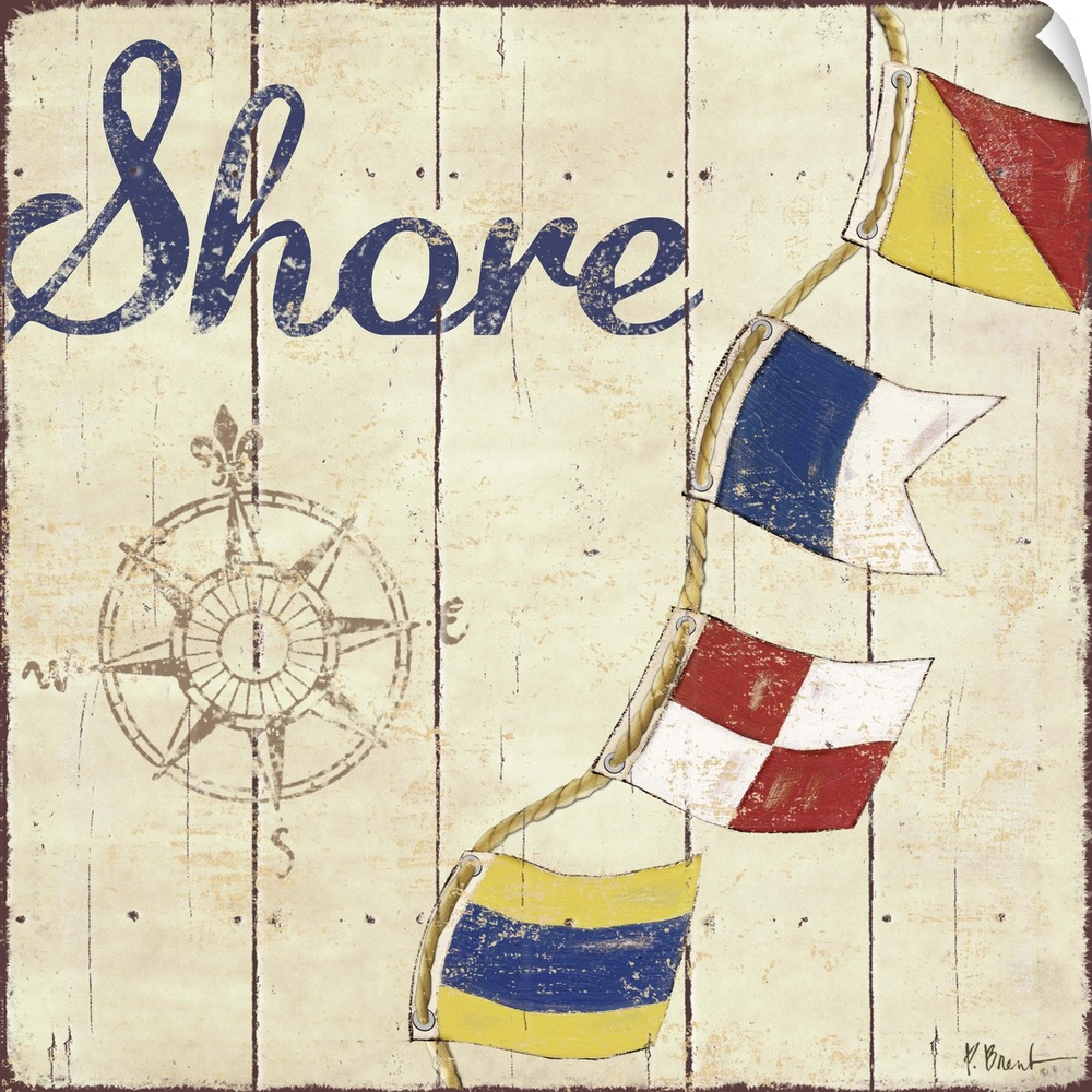 Painted nautical sign on wood panels with a compass rose, flags, and the word Shore.
