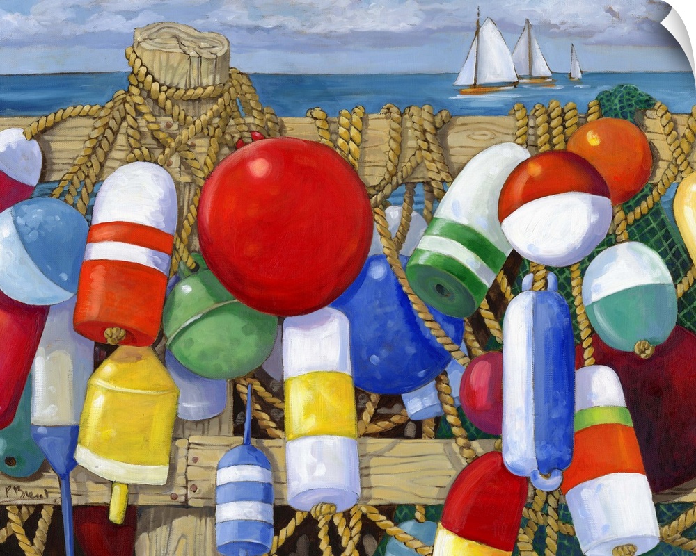 Contemporary painting of a group of buoys and rope hanging on a pier.