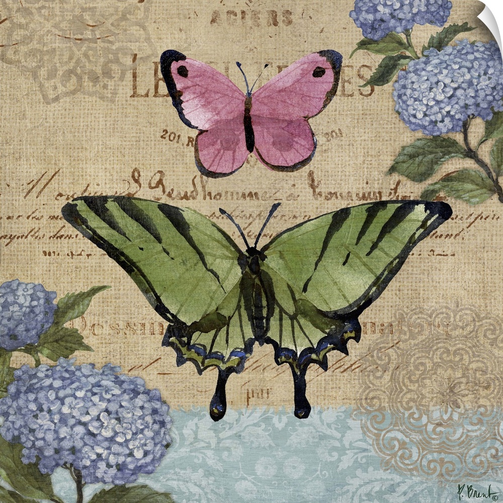 Decorative mixed media panel featuring two colorful butterflies, hydrangeas, and a vintage letter.