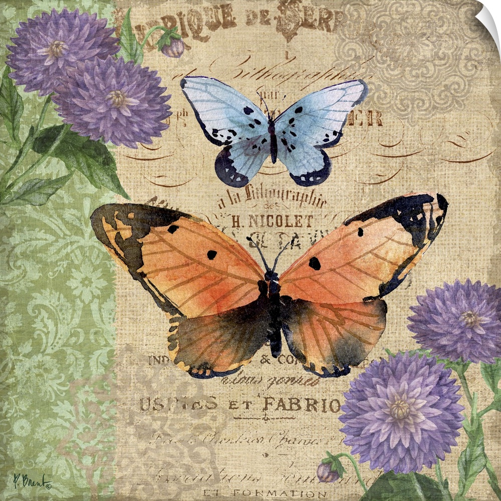 Decorative mixed media panel featuring two colorful butterflies, zinnias, and a vintage letter.