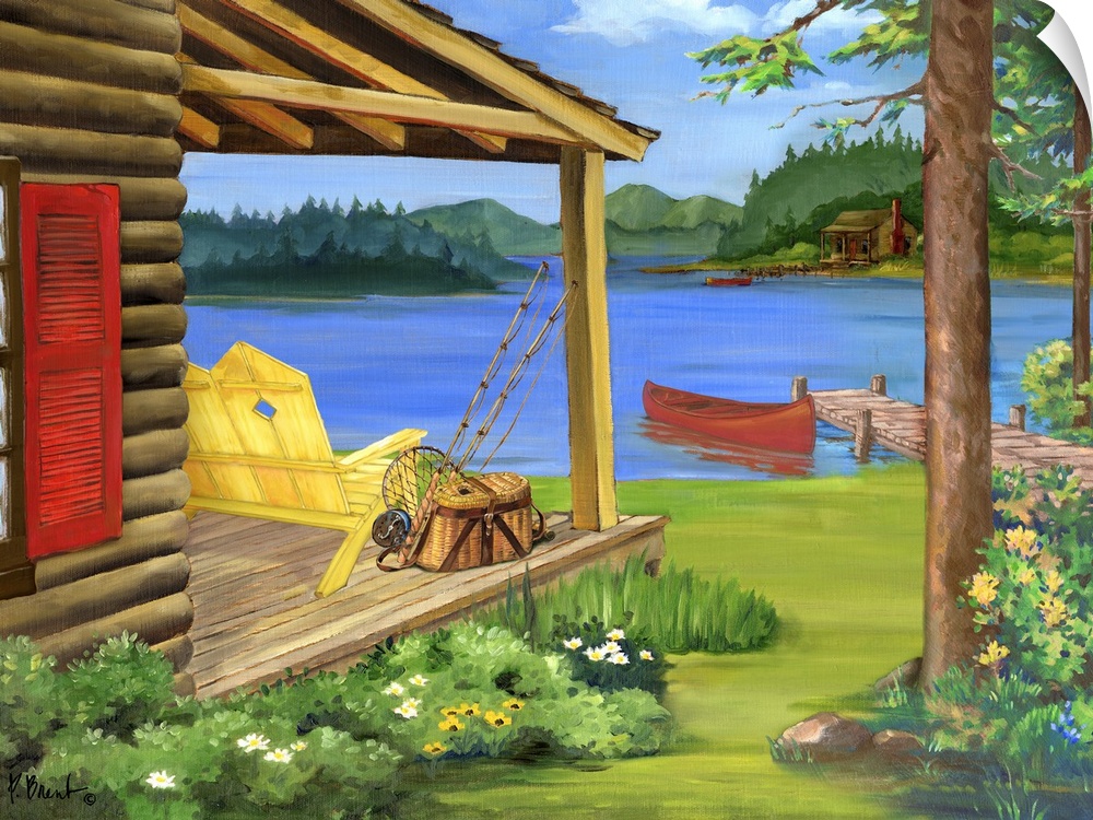 Contemporary painting of a cabin with a chair on the porch and a canoe at the dock.