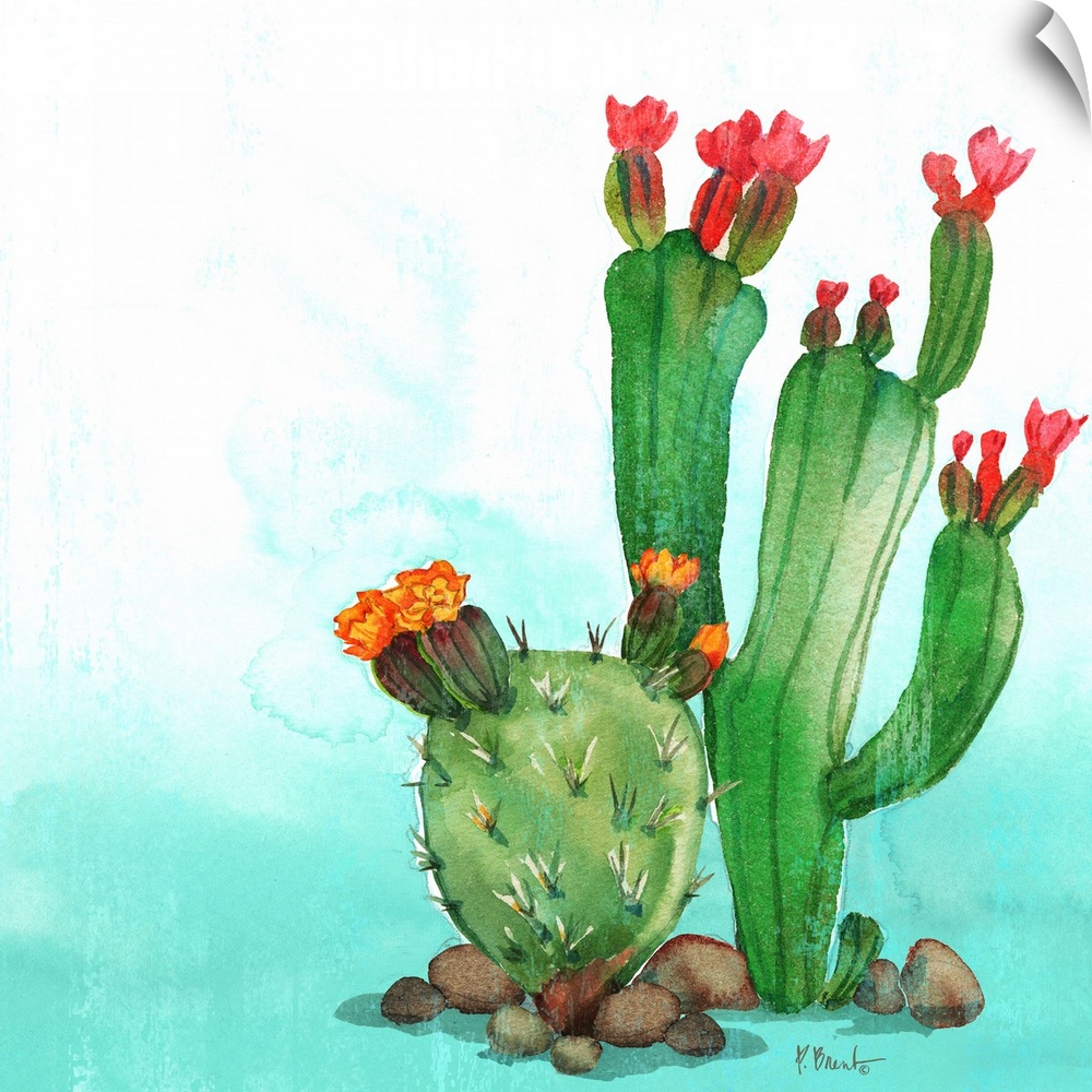 Square watercolor painting of cacti on a light blue and white background.