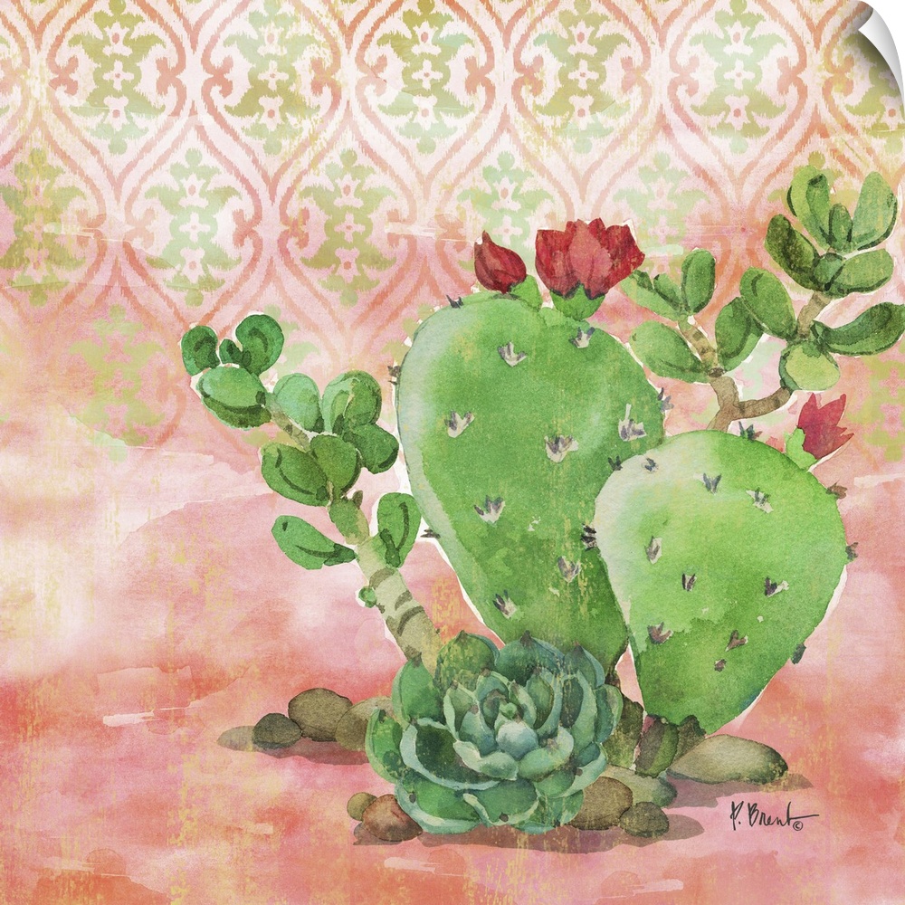 Square watercolor painting of cacti and a succulent on a light coral and green patterned background.