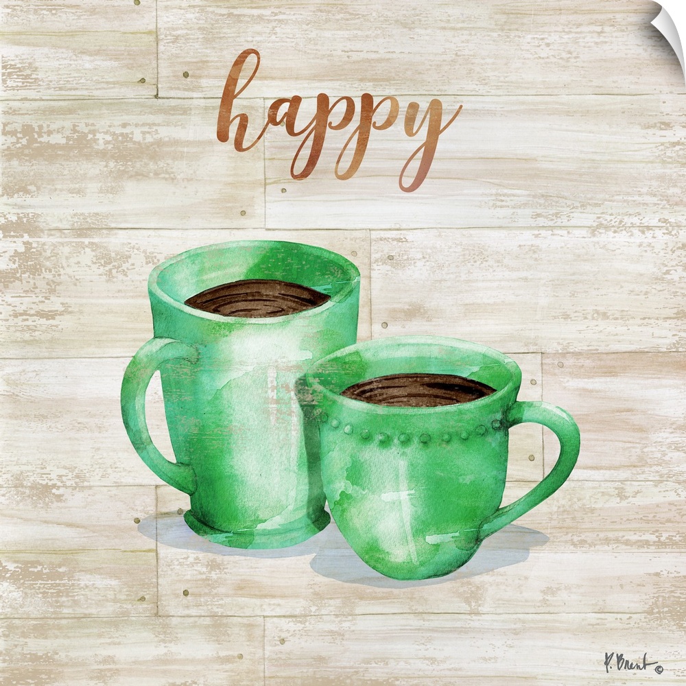 Square decor with two mugs of coffee on a faux wood background with "happy" written at the top.