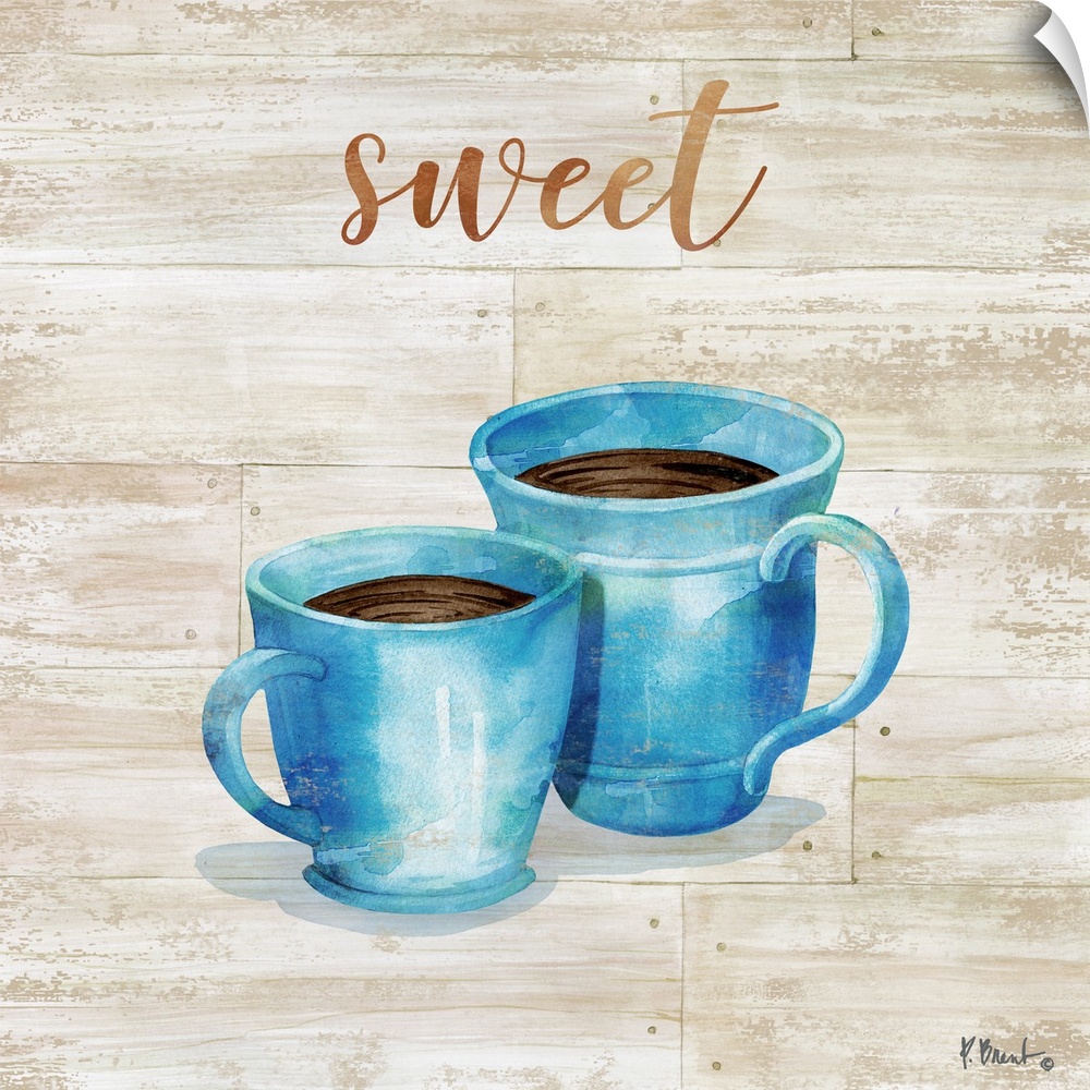 Square decor with two mugs of coffee on a faux wood background with "sweet" written at the top.