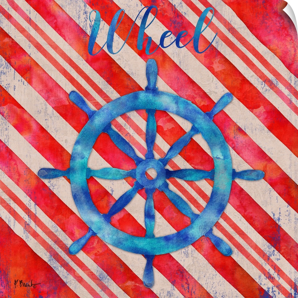 Square nautical decor in red, white, and blue with an illustrated ship wheel in the center and "Wheel" written at the top.