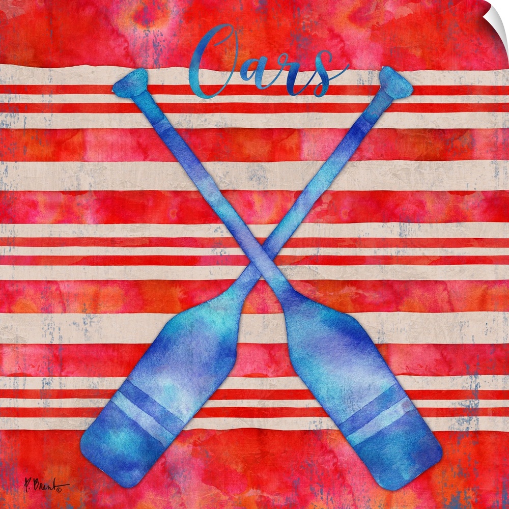 Square nautical decor in red, white, and blue with illustrated oars in the center and "Oars" written at the top.