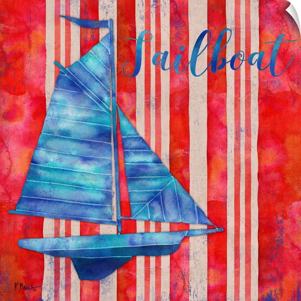 Square nautical decor in red, white, and blue with an illustrated sailboat in the center and "Sailboat" written at the top.