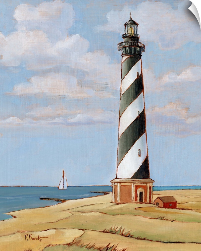 Painting of the striped Cape Hatteras lighthouse on the Outer Banks against a cloudy sky.