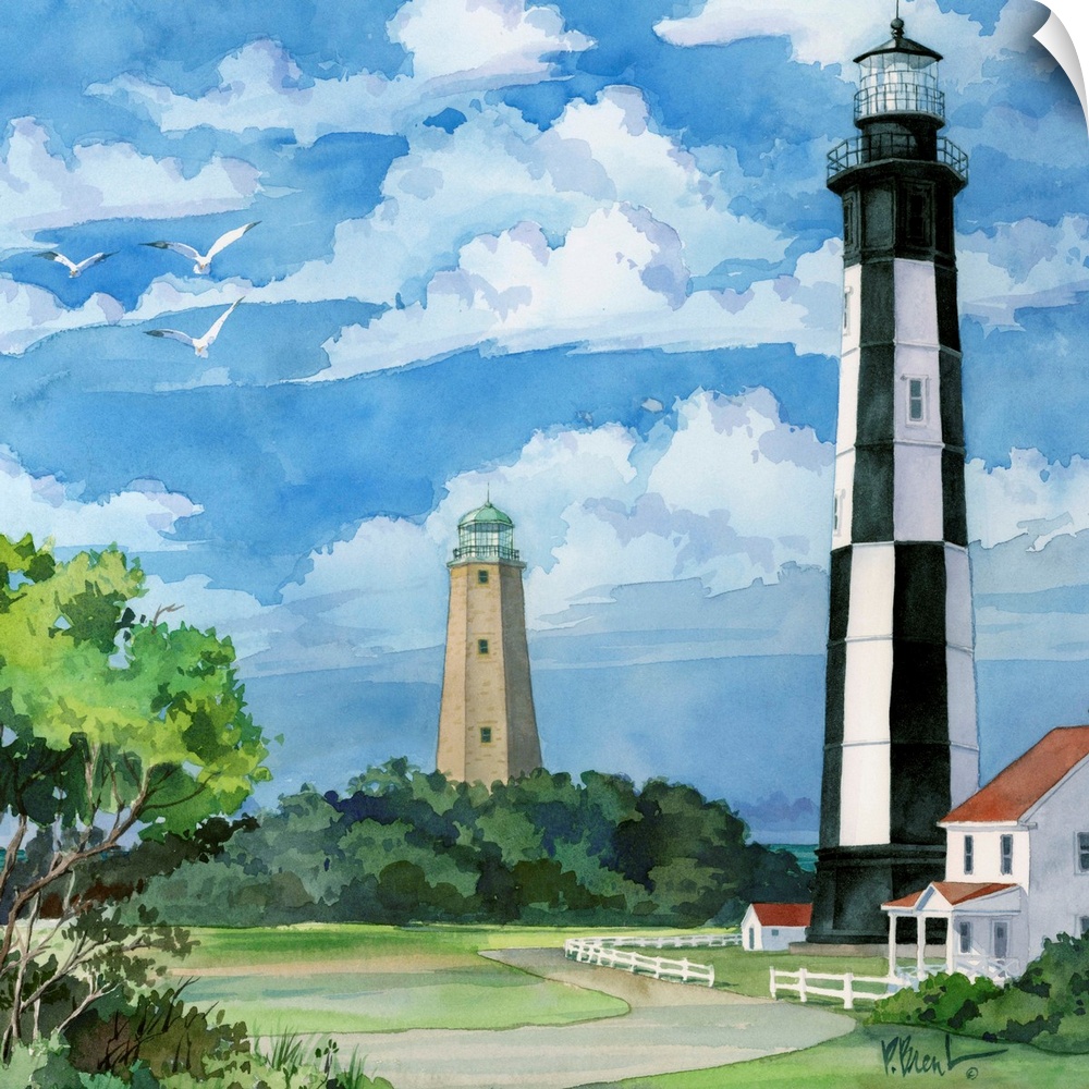 Watercolor painting of a black and white striped lighthouse in Virginia.