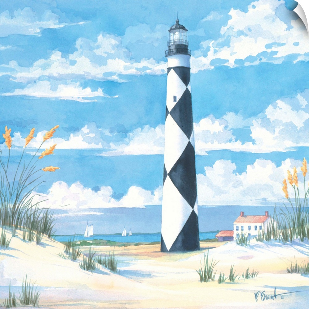 Watercolor painting of a lighthouse painted with a diamond pattern on a sandy beach.