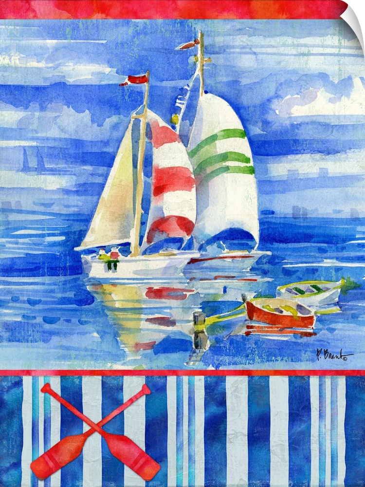 Watercolor painting of sailboats in the ocean with a striped bottom and an illustration of two oars - in red, white, and b...