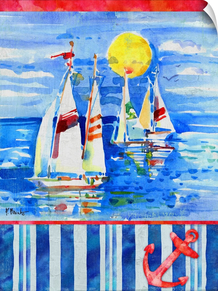 Watercolor painting of sailboats in the ocean with a striped bottom and an illustration of an anchor - in red, white, and ...