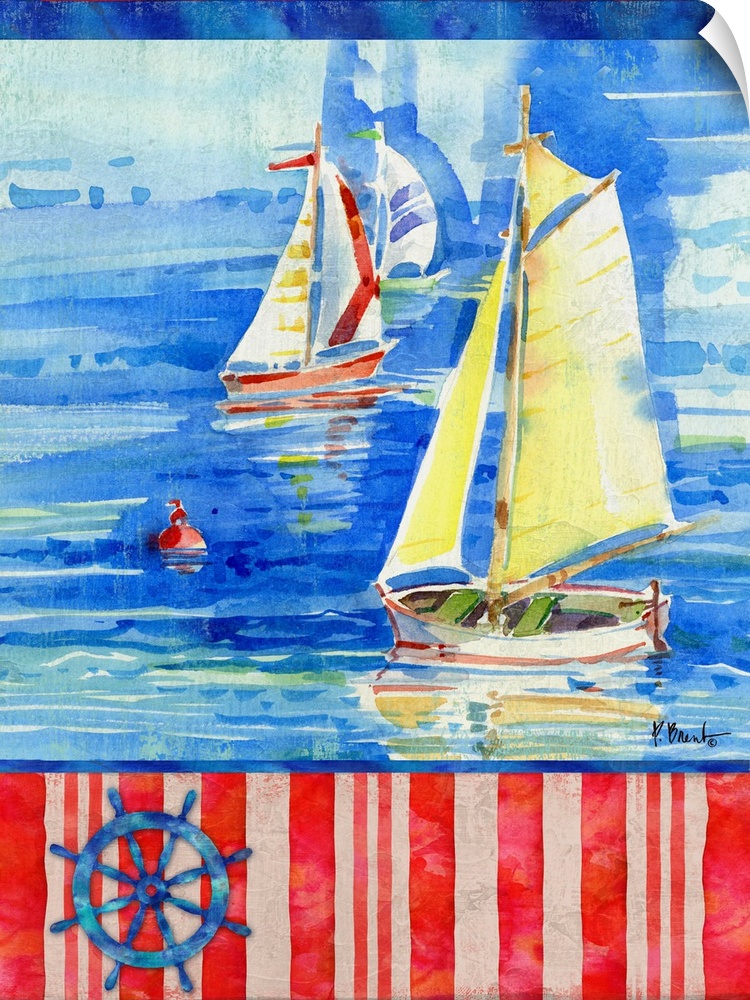 Watercolor painting of sailboats in the ocean with a striped bottom and an illustration of a wheel - in red, white, and bl...
