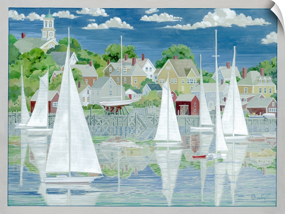 Contemporary painting of several sailboats reflected on the water by coastal houses.