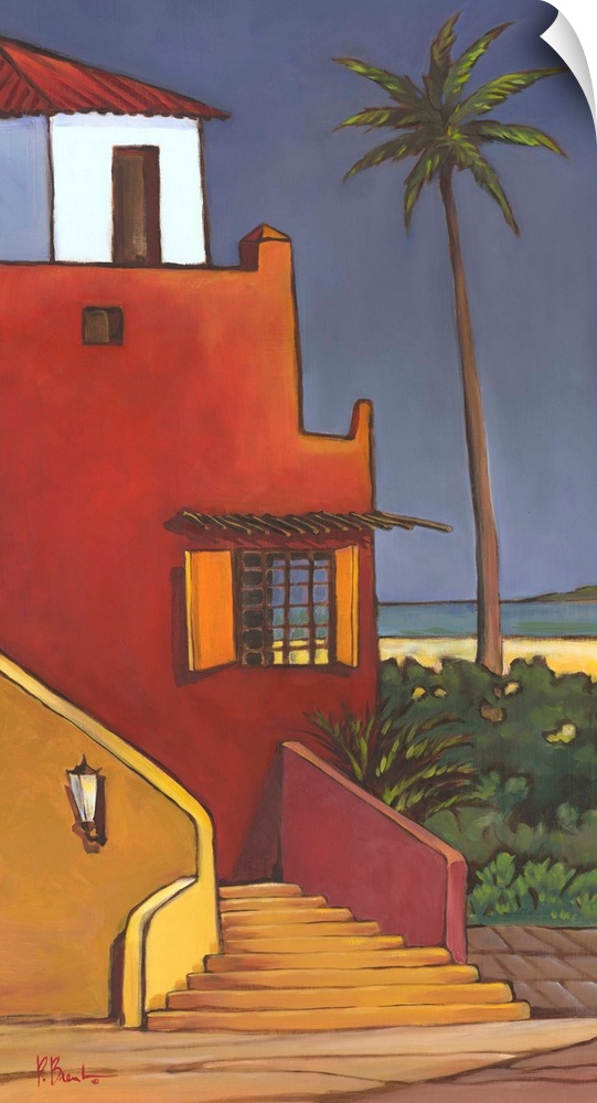 Brightly colored painting of a Caribbean house with adobe walls and a palm tree.