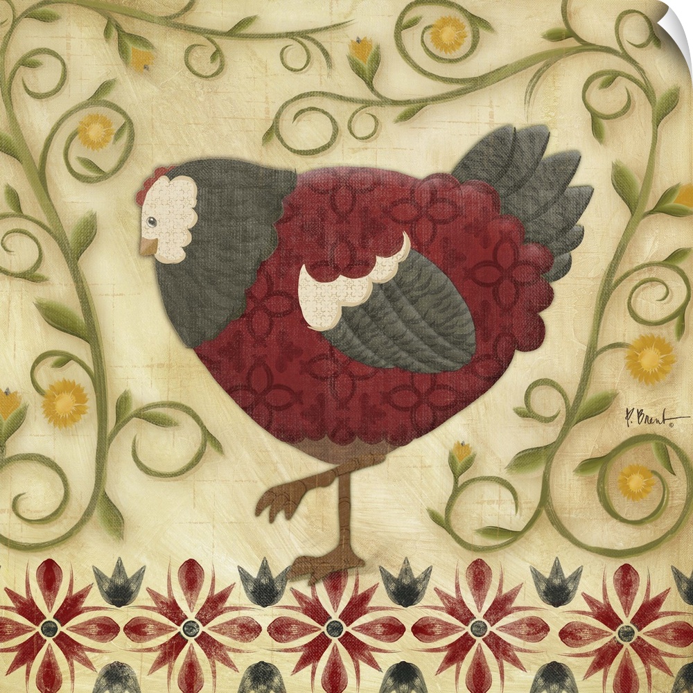 Folk art style illustration of a hen surrounded by curling vines.