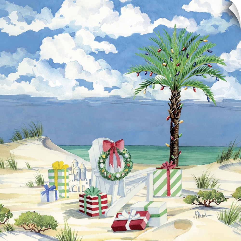 Watercolor painting of Christmas presents on a tropical beach with a palm tree.