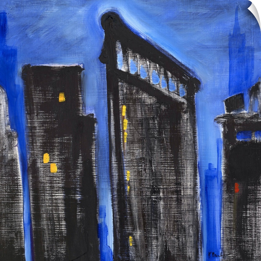 Semi-abstract painting of silhouetted skyscrapers against a brightly colored sky.