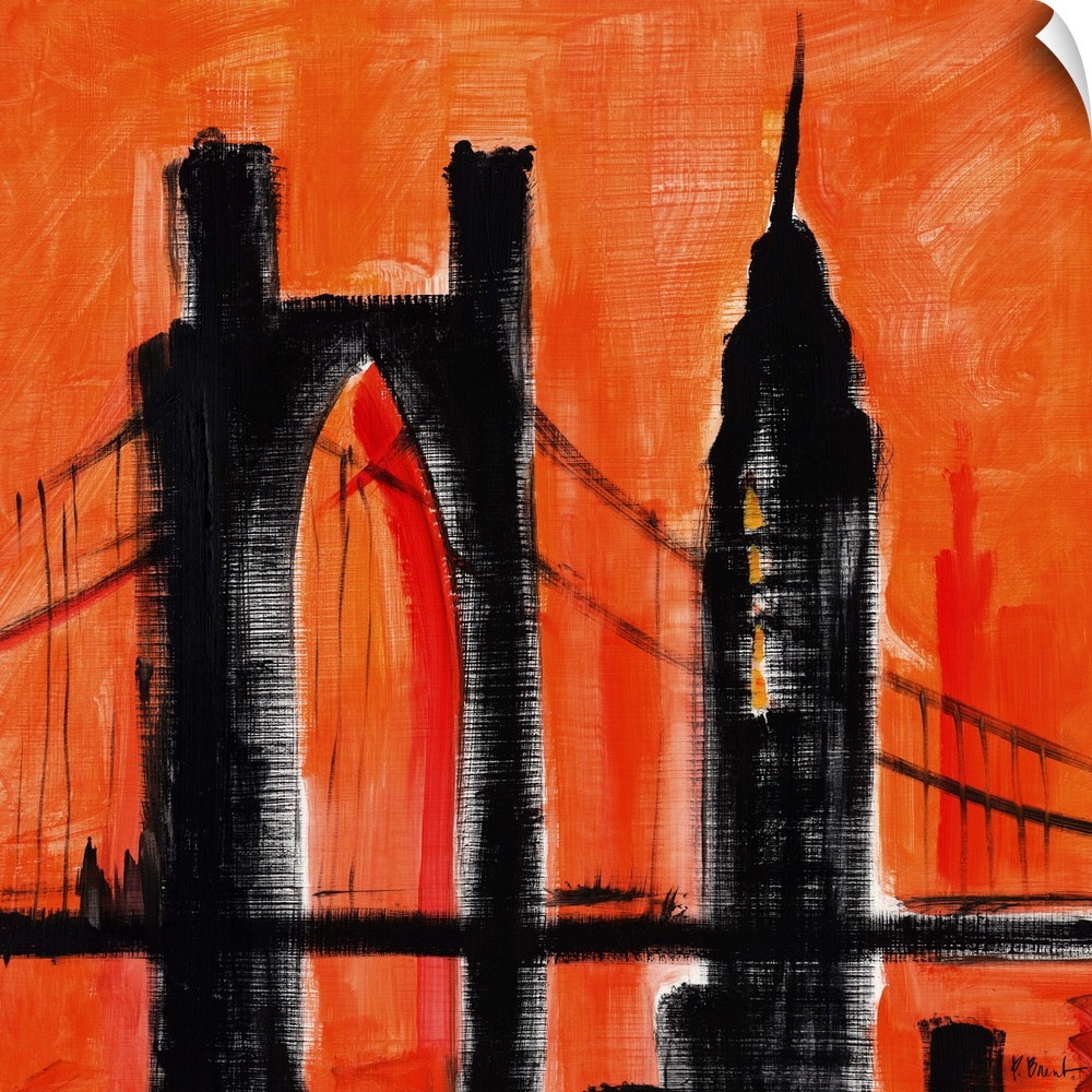 Semi-abstract painting of silhouetted skyscrapers and bridge  against a brightly colored sky.