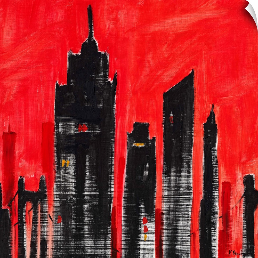 Semi-abstract painting of silhouetted skyscrapers against a brightly colored sky.