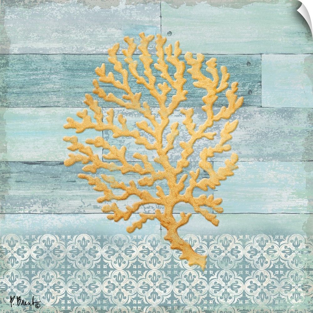 Light blue, white, and metallic gold beach decor with coral.