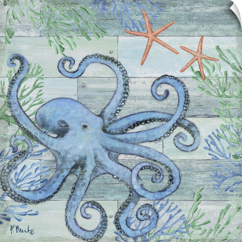 Square beach decor with an octopus, starfish, and seaweed in blue and green tones on a faux wood background.