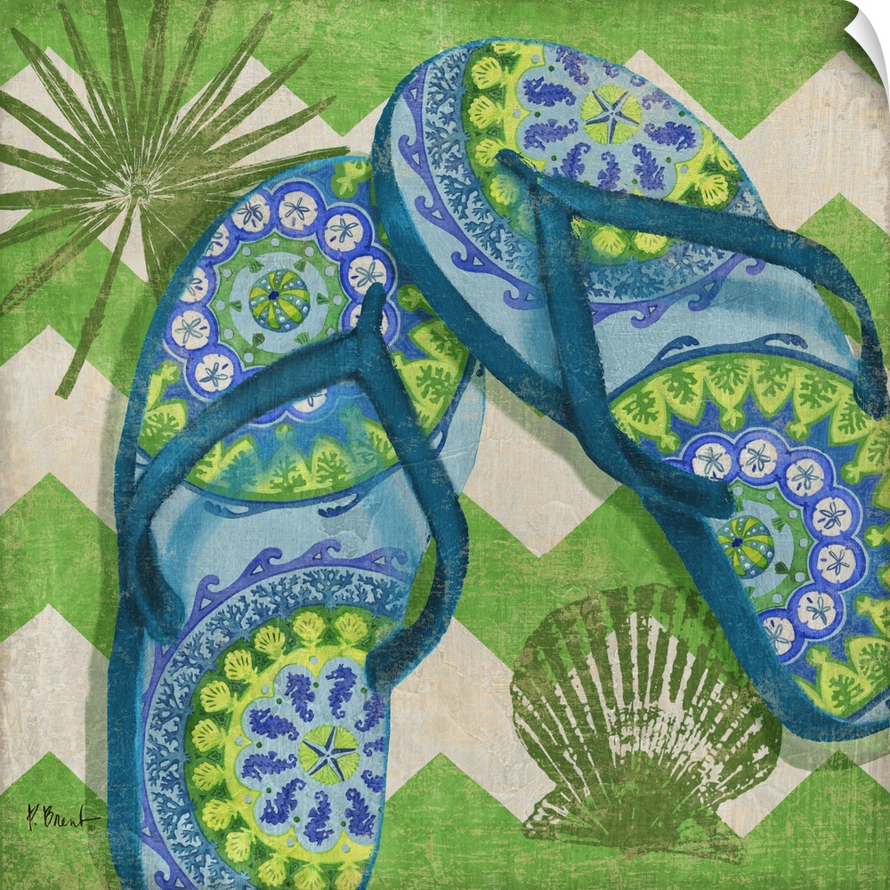 A pair of patterned flip-flops on a tropical chevron background.