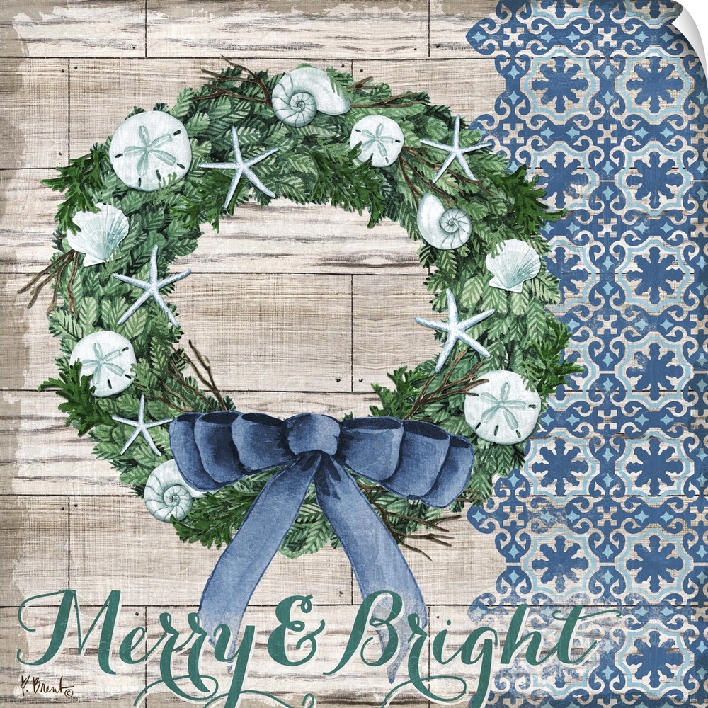 A Christmas wreath decorated with shells and starfish on a wood panel background.
