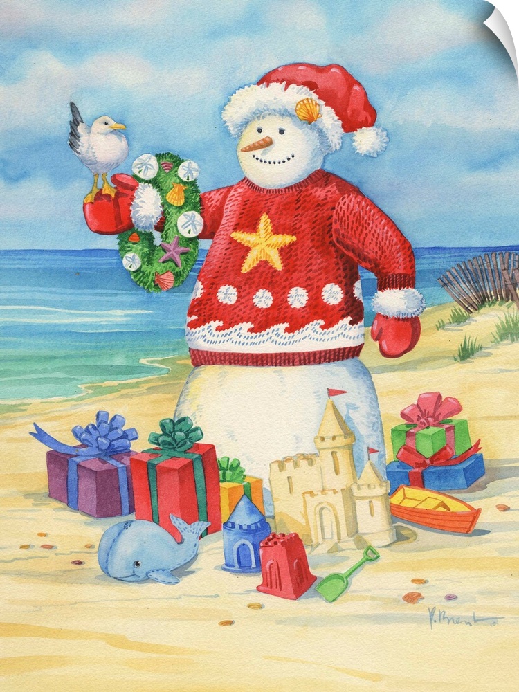 A "snow" man on the beach surrounded by presents and wearing a festive sweater.