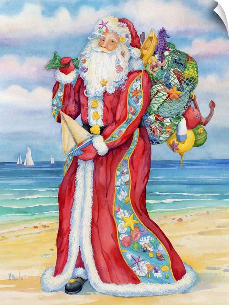 Santa Claus carrying a sack full of toys on a sandy beach.