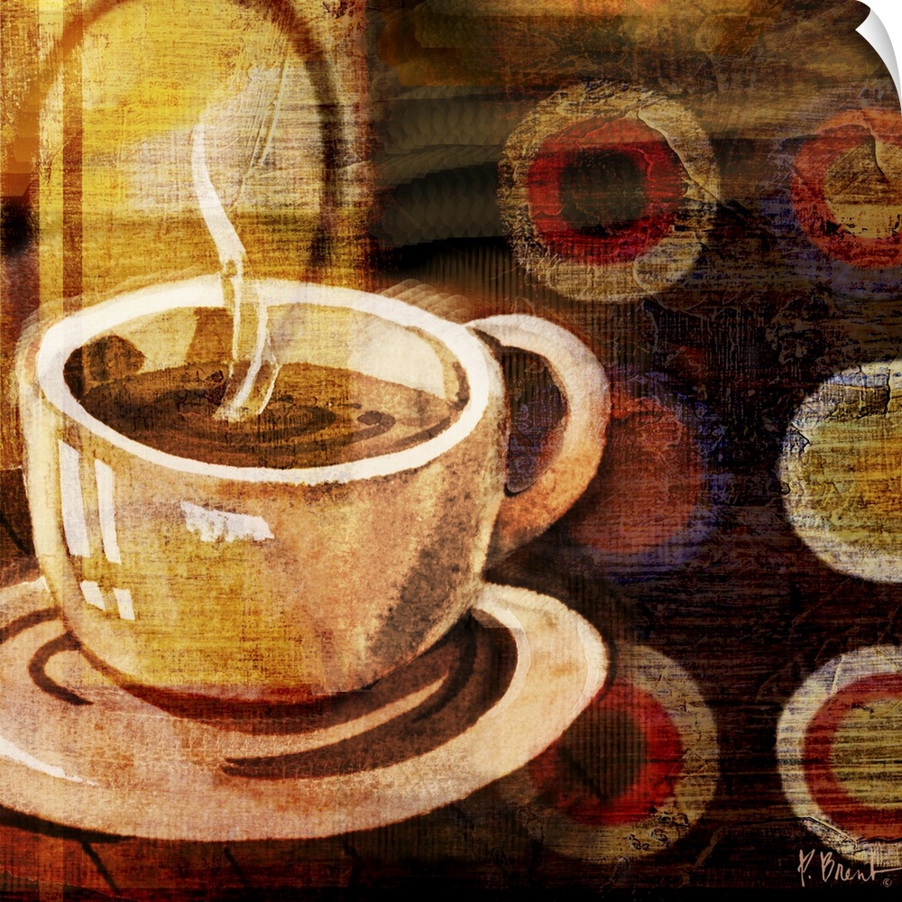 Decorative panel with a cup of coffee on a saucer over a geometric abstract background.