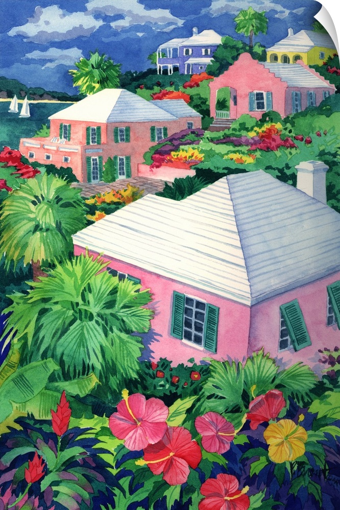 Contemporary painting of several pink cottages with palm trees and hibiscus flowers.