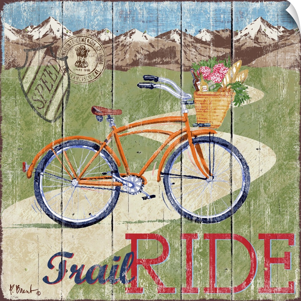 Decorative art of a bicycle on a road that leads to the mountains on a textured panel background.