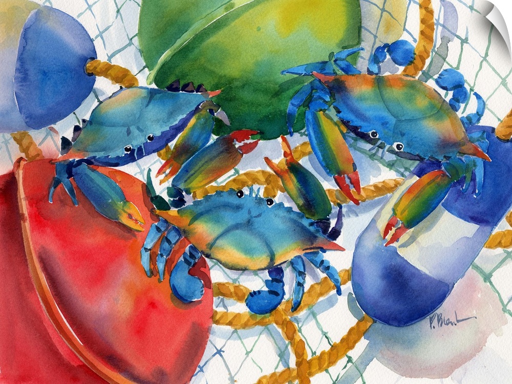 Watercolor painting of blue crabs in a net with rope and floats.