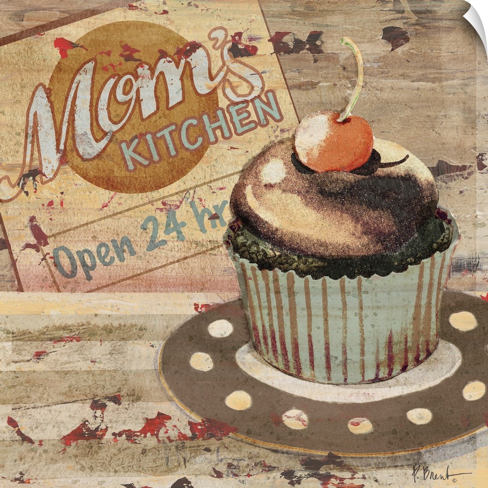 Rustic sign for a bakery featuring a cupcake and the text Mom's Kitchen.