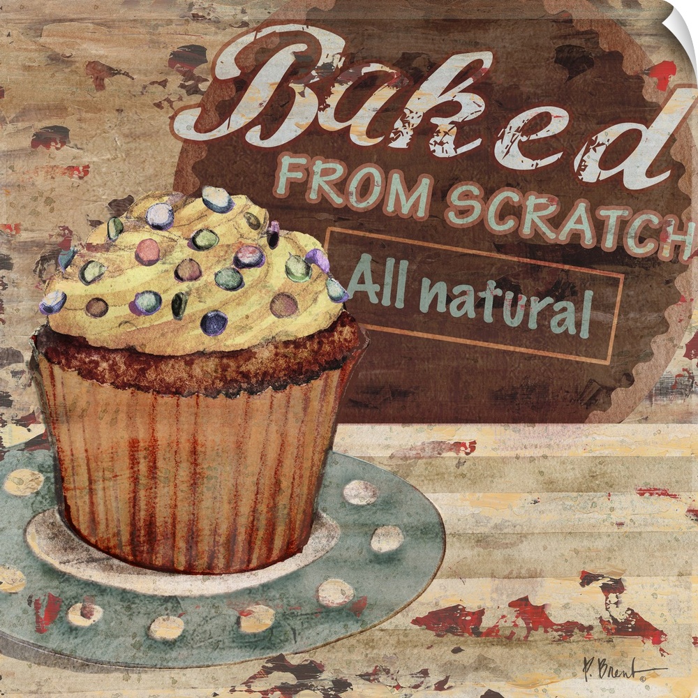 Rustic sign for a bakery featuring a cupcake and the text Baked From Scratch.