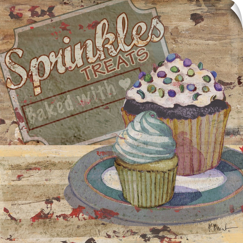 Rustic sign for a bakery featuring a cupcake and the text Sprinkles Treats.