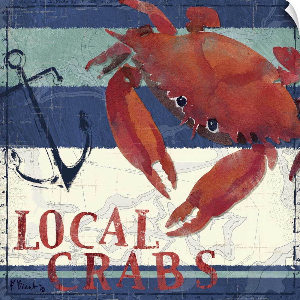 Nautical panel featuring a painting of a crab with an anchor graphic element, and the text Local Crabs.