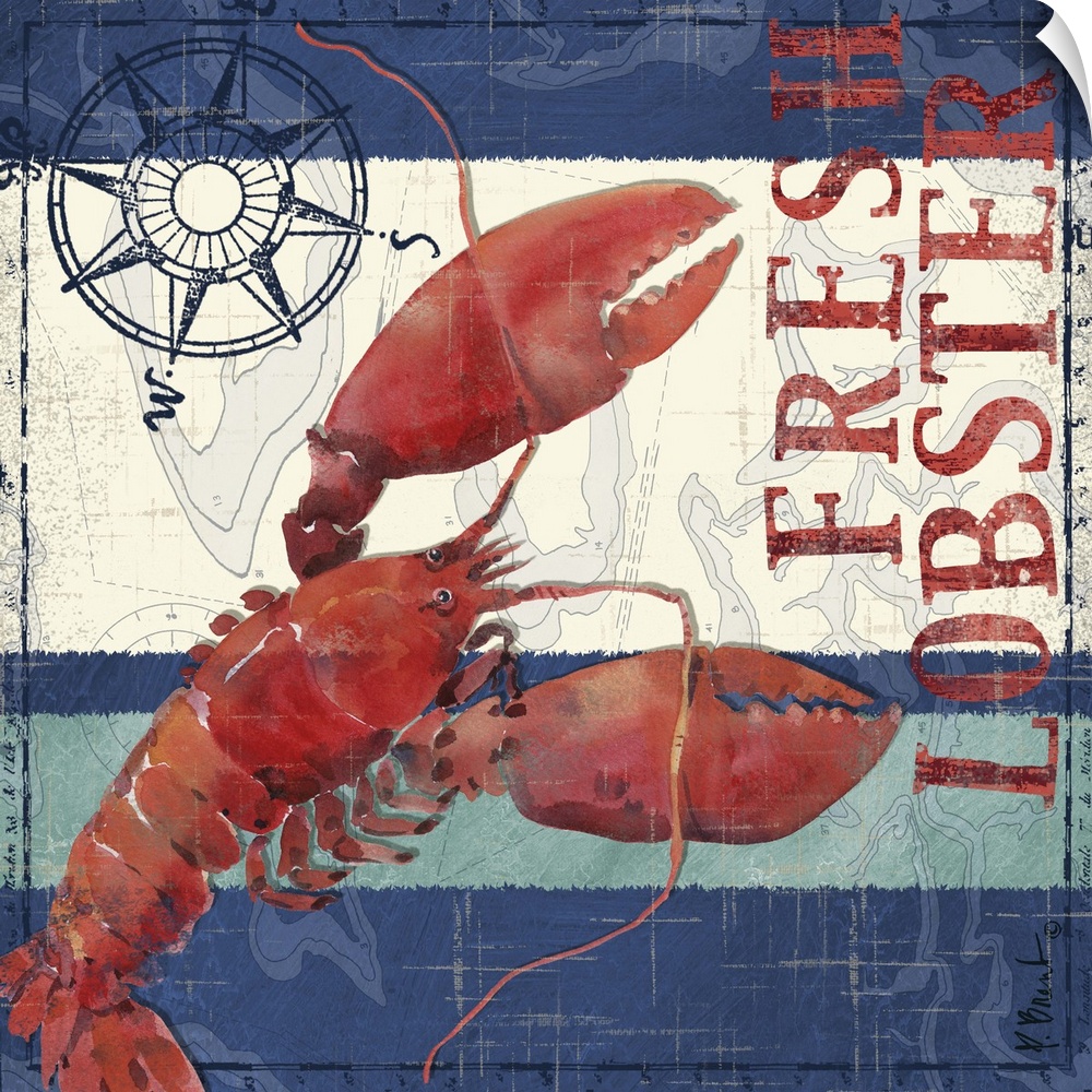 Nautical panel featuring a painting of a lobster with a compass rose graphic element, and the text Fresh Lobster.