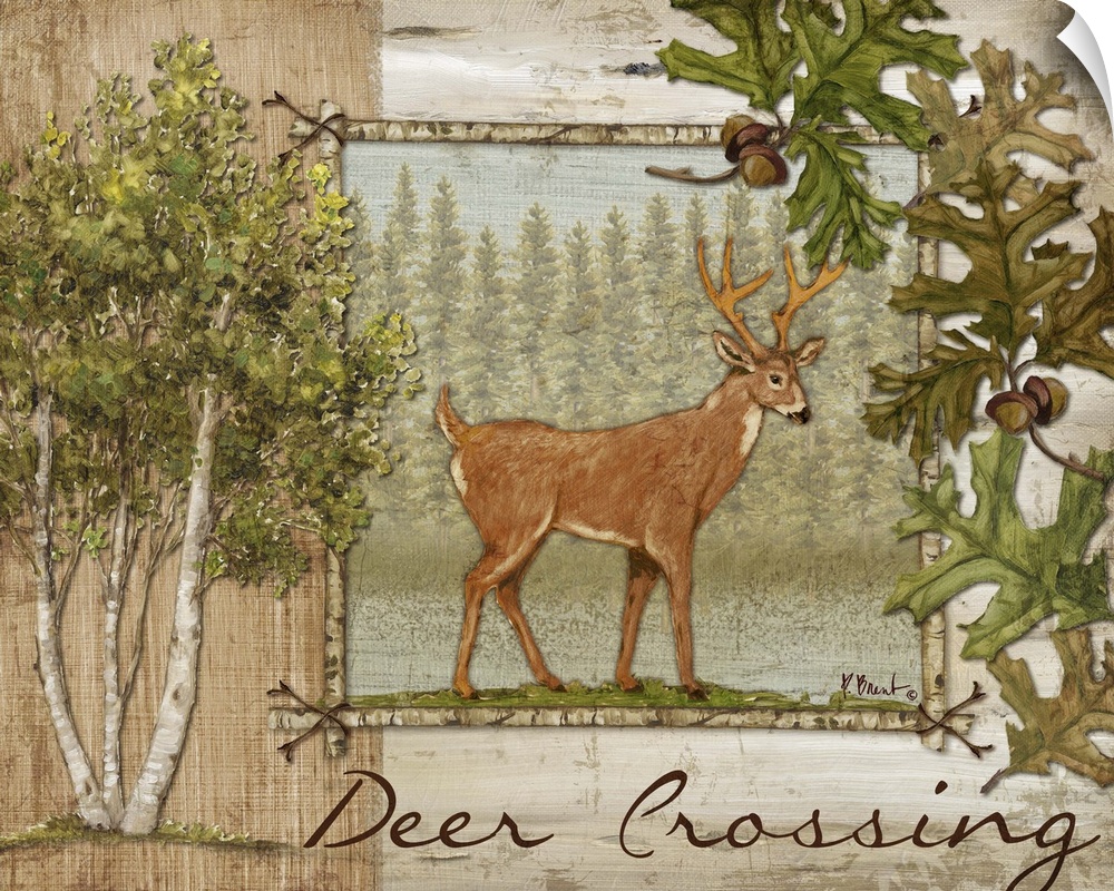 Decorative artwork of a deer in a frame, with oak leaves, aspen trees, and the words Deer Crossing.