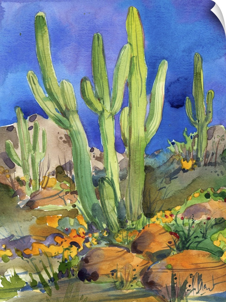 Watercolor painting of saguaro cacti in a rocky desert.