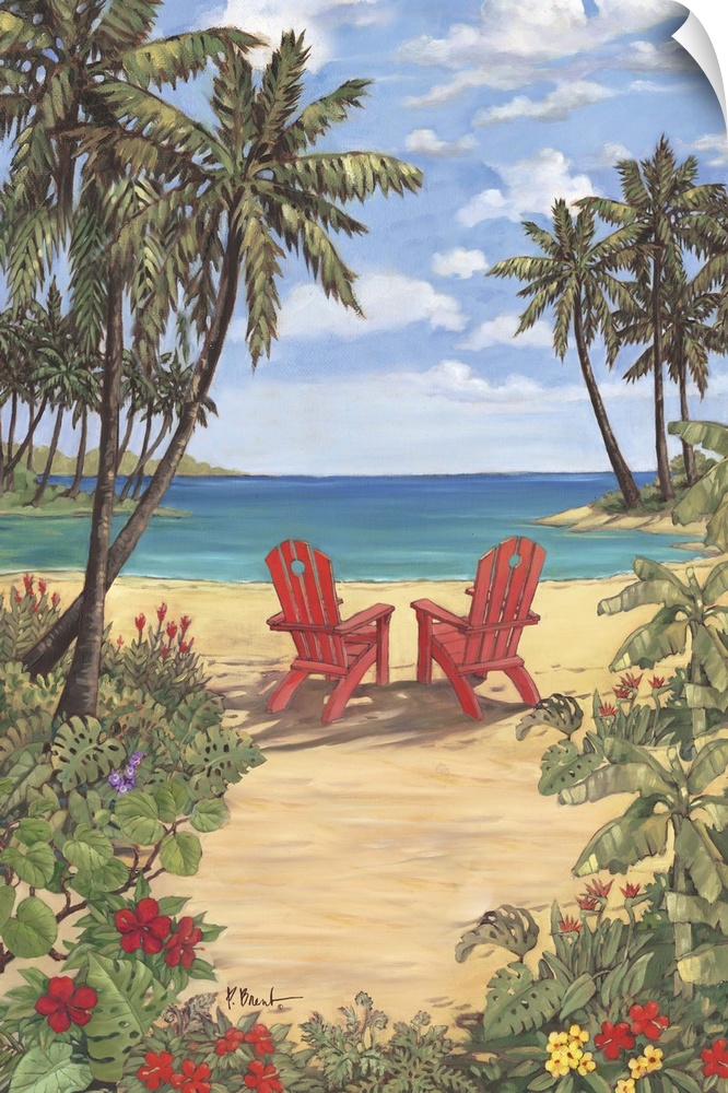 Contemporary painting of two adirondack chairs on the beach, surrounded by palm trees.